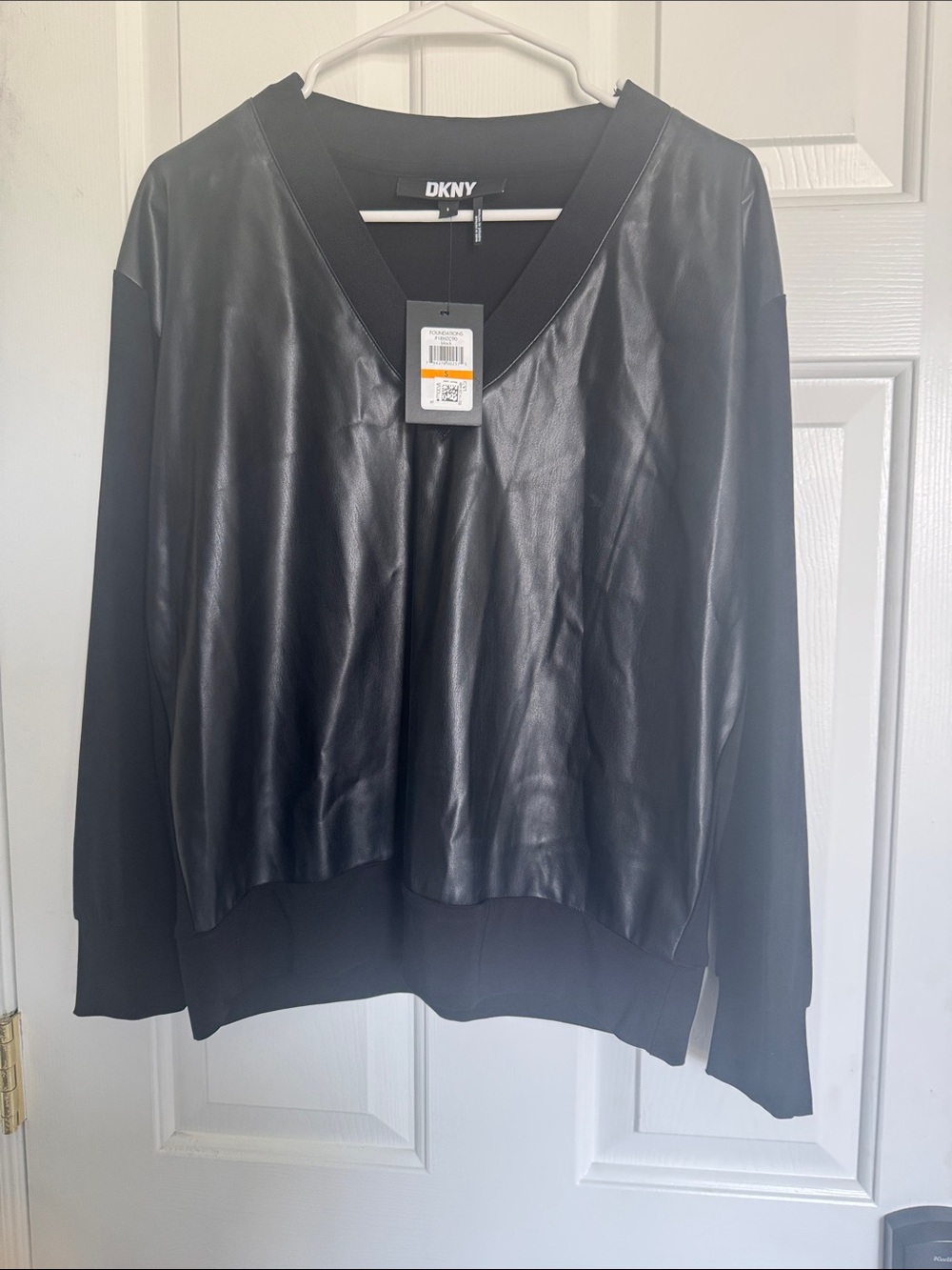 DKNY Black Faux-Leather Front V-Neck Pullover